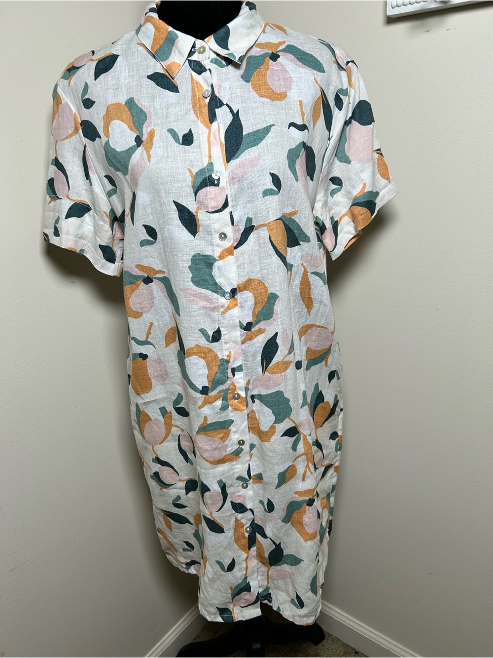 Rachel Zoe Floral Shirt Dress 100% Linen White Green Pink Orange Short Sleeve M